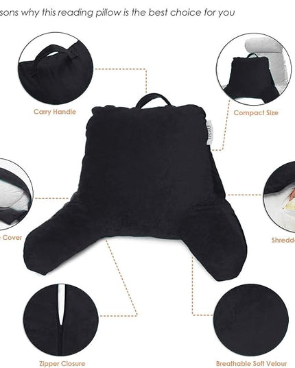 Nestl Reading Pillow with Portable Laptop Lap Desk, Velvet Feel Back Pillow for Sitting in Bed, Shredded Memory Foam Back Support Pillow for Bed, Bed Rest Pillow with Arms, Standard - Black - LeafyLoom