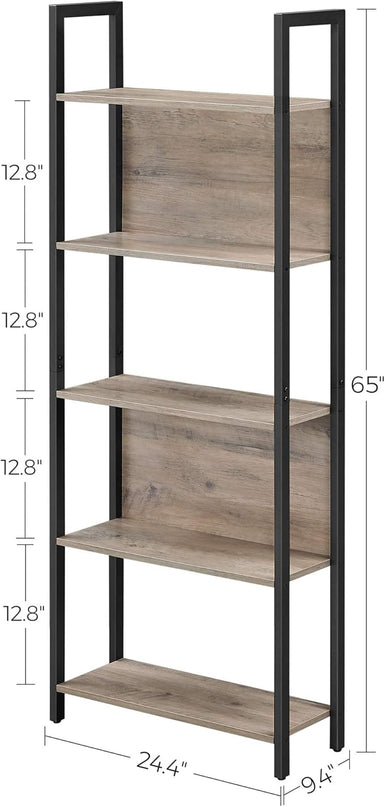 VASAGLE 5-Tier Bookshelf, Book Shelf, Industrial Bookcase, with Steel Frame, for Living Room, Home Office, Bedroom, 9.4 x 24.4 x 65 Inches, Greige and Black ULLS025B02 - LeafyLoom