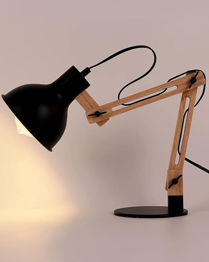 FIRVRE Swing Arm Desk Lamp, Retro Desk Lamp with Adjustable Goose Neck, Architect Wooden Desk Lamp for Bedroom Study Home Office - LeafyLoom