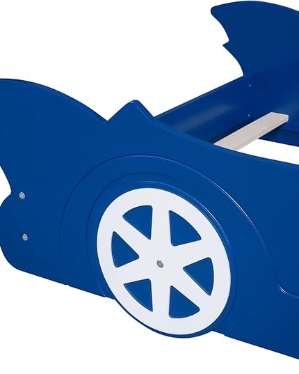 Car Shaped Toddler Bed with Wheels,Racecar Platform Beds W/Safety Guardrail,Slats Support,Stylish Design,Easy Assembly,Wood Twin Bedframe for Boys Toddlers Kids Teens Bedroom,Blue - LeafyLoom