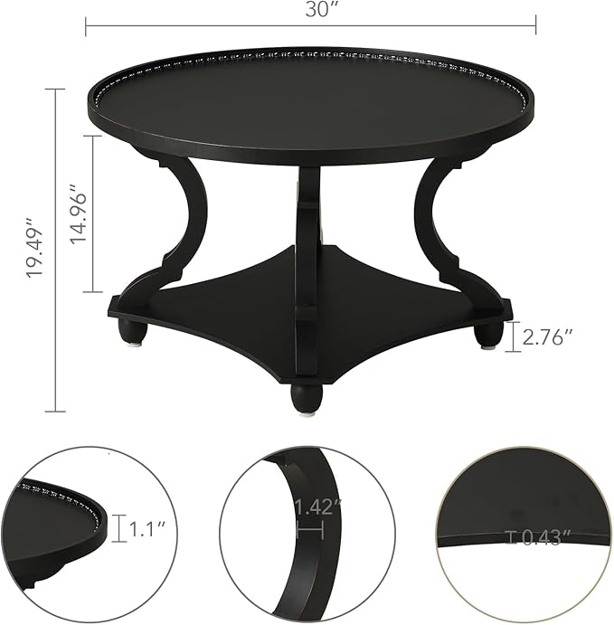 Wnutrees Farmhouse Round Coffee Table,Wood Tray Top Circle Coffee Table with Storage Shelf Rustic Style for Living Room and Vintage Finish,Black - LeafyLoom