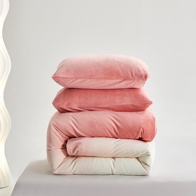 Pink White Gradient Comforter Set Full Pink Velvet Bedding Comforter Modern Plain White and Pink Gradient Soft Quilt Farmhouse Flannel Comforter Girls Women Warm Full Bed Comforter - LeafyLoom