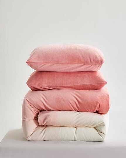 Pink White Gradient Comforter Set Queen Pink Velvet Bedding Comforter Modern Plain White and Pink Gradient Soft Quilt Farmhouse Flannel Comforter Girls Women Warm Queen Bed Comforter - LeafyLoom