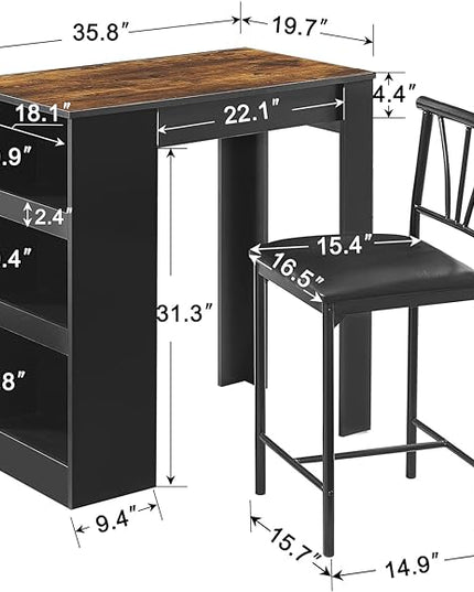 VECELO Small Bar Table and Chairs Tall Kitchen Breakfast Nook with Stools/Dining Set for 2, Storage Shelves, Space-Saving, Black - LeafyLoom
