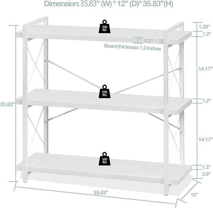 HCHQHS Bookshelf, 3-Tier Industrial Bookcase, White Open Book Shelf, Freestanding Horizontal Bookshelves with Metal Frame - LeafyLoom