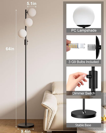 Lightdot Dimmable (Brightness Adjustable) Globe Floor Lamp, Black Pole Standing Lamps with 3PCS 3000K G9 Bulbs, Mid Century Modern Floor Lamp for Living Room - LeafyLoom