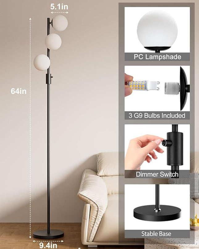 Lightdot Dimmable (Brightness Adjustable) Globe Floor Lamp, Black Pole Standing Lamps with 3PCS 3000K G9 Bulbs, Mid Century Modern Floor Lamp for Living Room - LeafyLoom