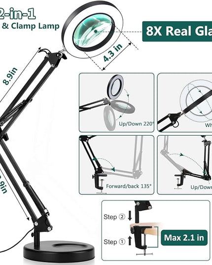 Magnifying Glass with Light and Stand, Veemagni 8X Real Glass 2-in-1 Desk Lamp & Clamp, 3 Color Modes Stepless Dimmable, LED Lighted Magnifier with Light for Hobby Reading Crafts Repair Close Works - LeafyLoom