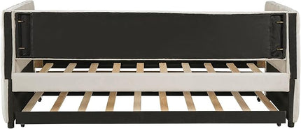 Twin Size Tufted Upholstered Daybed with Trundle, Solid Wood Velvet Bed with Rivet Design, No Box-spring Needed, for Living Room, Bedroom, Dorm, Space-Saving Design - LeafyLoom
