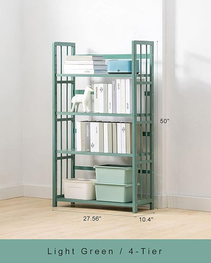 IOTXY Adjustable Bamboo Open Bookshelf - Medium 4-Tier Free Standing Storage Rack, Multifunctional Display Stand for Home and Office, Bookcase, Light Green - LeafyLoom
