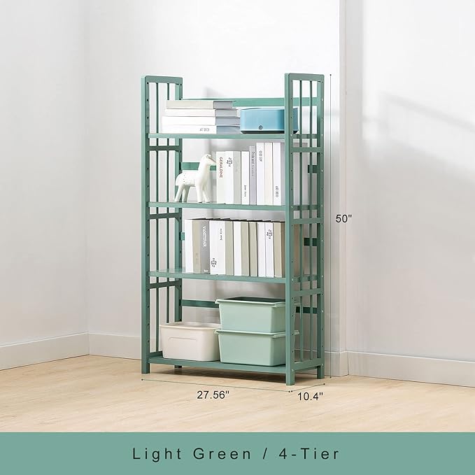 IOTXY Adjustable Bamboo Open Bookshelf - Medium 4-Tier Free Standing Storage Rack, Multifunctional Display Stand for Home and Office, Bookcase, Light Green - LeafyLoom