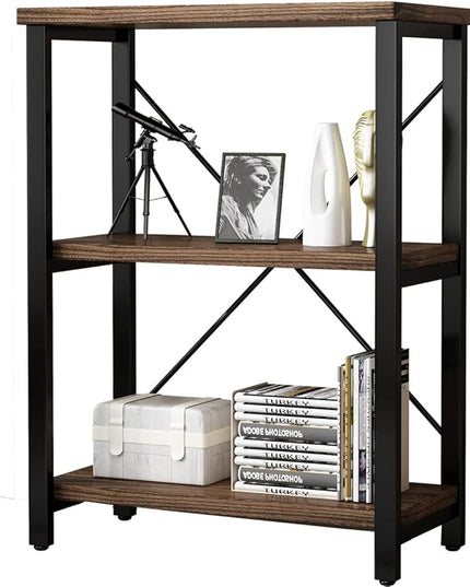 3 Tier Industrial Solid Wood Bookcases, Open Etagere Bookshelf with Metal Frame, Rustic Wood and Metal Shelving Storage Organizer for Living Room Book shelves Furniture (AY01-3tier) - LeafyLoom