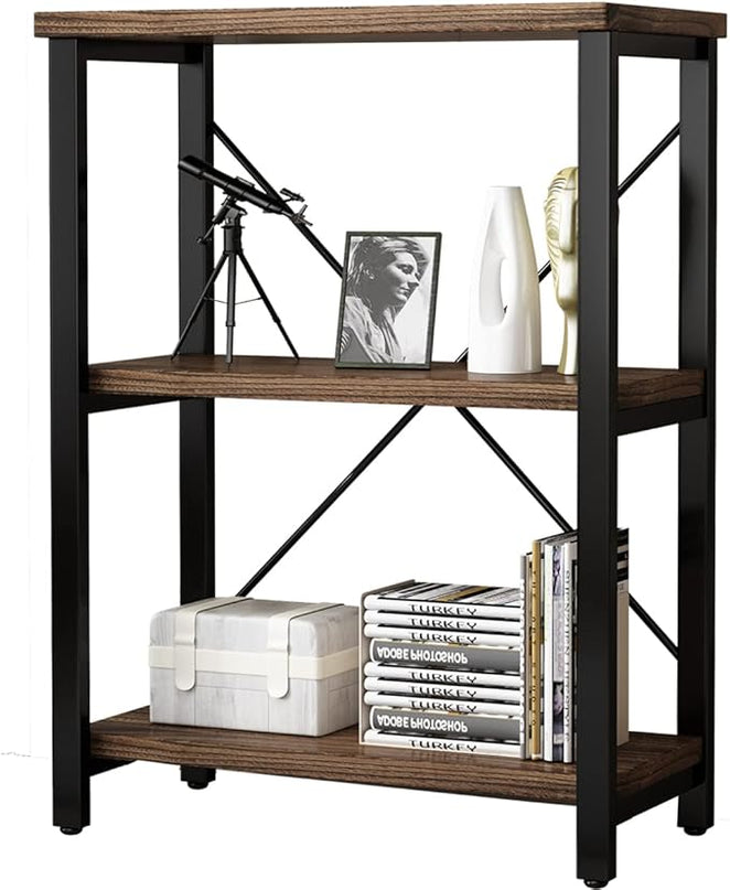 3 Tier Industrial Solid Wood Bookcases, Open Etagere Bookshelf with Metal Frame, Rustic Wood and Metal Shelving Storage Organizer for Living Room Book shelves Furniture (AY01-3tier) - LeafyLoom