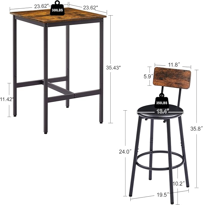 Dining Table Set for 2, Sqaure Bar Table and Chairs Set with PU Soft Seat and Backrest, Kitchen Table and Chairs for Small Spaces, Kitchen and Bar, Rustic Brown - LeafyLoom