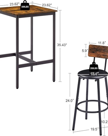 2 PU Soft Seat with Backrest & Footrest, Counter Height Stools for Apartment Dining Room Kitchen or Small Space Easy to Assemble Rustic Brown, 3-Piece Square Bar Table Set - LeafyLoom
