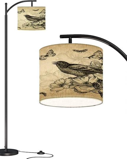 Modern Arc Floor Lamp with Dimmer Mid Century Vintage Birds Roses Butterflies Metal Standing Lamp with Linen Shade Footswitch for Living Room Bedroom Office - LeafyLoom