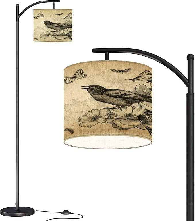 Modern Arc Floor Lamp with Dimmer Mid Century Vintage Birds Roses Butterflies Metal Standing Lamp with Linen Shade Footswitch for Living Room Bedroom Office - LeafyLoom
