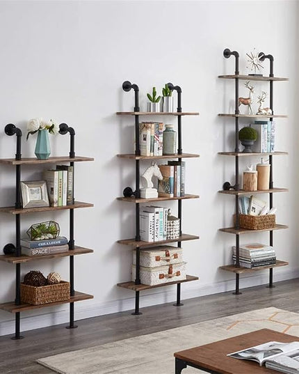 HOMBAZAAR Industrial Bookshelf, 6-Tier Industrial Pipe Bookshelf, Wall Mounted Ladder Shelves with Metal Frame for Home Office, Living Room, Oak Brown - LeafyLoom