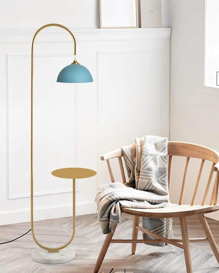 Hsyile KU300240 Modern Standing Light for Bedroom & Living Room Floor Lamp with a Table,LED Reading - Brushed Brass Finish and Blue Shade Bulb Included - LeafyLoom