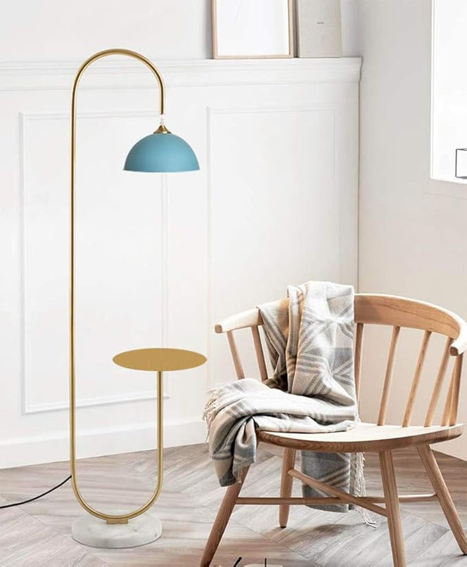 Hsyile KU300240 Modern Standing Light for Bedroom & Living Room Floor Lamp with a Table,LED Reading - Brushed Brass Finish and Blue Shade Bulb Included - LeafyLoom
