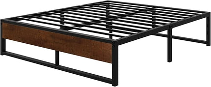 SHA CERLIN 14'' Queen Size Metal Platform Bed Frame with Rustic Wood & Reverse Holes/Ample Under-Bed Storage Space/Mattress Foundation/No Box Spring Needed/Easy Assembly - LeafyLoom