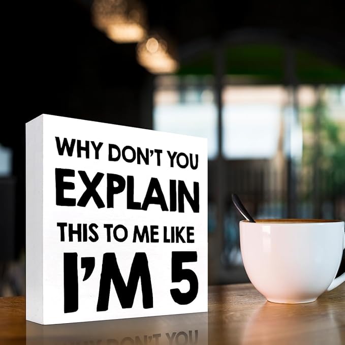 Why Don't You Explain This to Me Like I'm 5 Wood Block Sign Desk Decor,Funny Wooden Box Plaque Sign Desk Decor for Home Office Shelf Table Decor Decorations - LeafyLoom