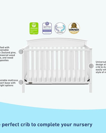 Graco Benton 5-in-1 Convertible Crib (White) – GREENGUARD Gold Certified, Converts from Baby Crib to Toddler Bed, Daybed and Full-Size Bed, Fits Standard Full-Size Crib Mattress - LeafyLoom