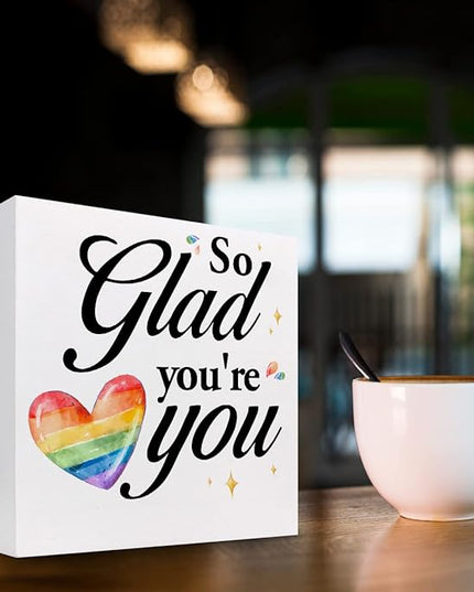 So Glad You're You Rainbow Heart Wood Box Sign Decor Desk Sign,Inspirational Affirmation Wooden Box Block Sign for Home Office Shelf Table Decor Decorations - LeafyLoom