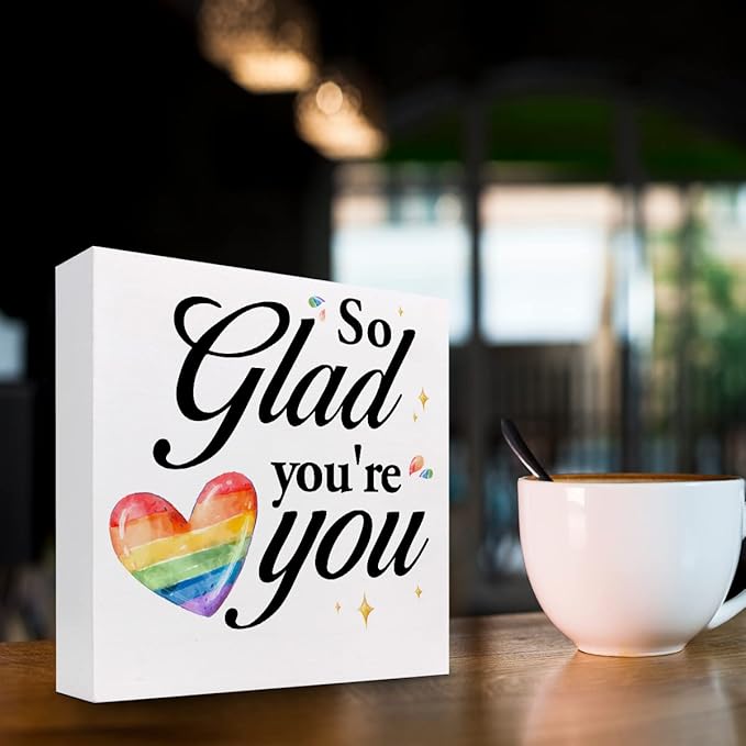 So Glad You're You Rainbow Heart Wood Box Sign Decor Desk Sign,Inspirational Affirmation Wooden Box Block Sign for Home Office Shelf Table Decor Decorations - LeafyLoom