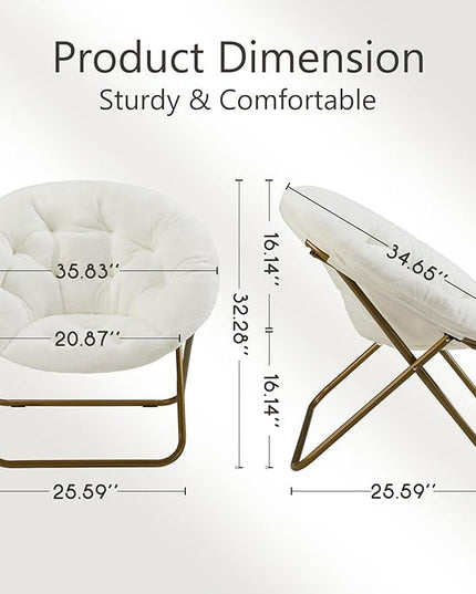 Sweetcrispy Comfy Saucer Chairs Faux Fur Lounge for Bedroom Living Room Flexible Folding Seating for Kids Teens Adults, Soft Padded and Metal Frame Modern for Home Office, X-Large White - LeafyLoom