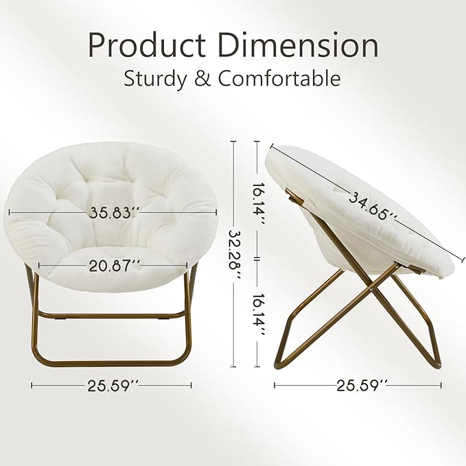 Sweetcrispy Comfy Saucer Chairs Faux Fur Lounge for Bedroom Living Room Flexible Folding Seating for Kids Teens Adults, Soft Padded and Metal Frame Modern for Home Office, X-Large White - LeafyLoom