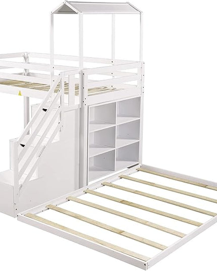 Stairway Twin over Full House Bunk Bed with Storage Shelves & Roof Design,Wooden Bunkbeds wtih Safety Guardrails for Kids/Teen/Adults Bedroom,Space Saving, White - LeafyLoom