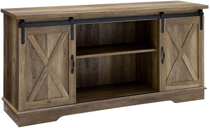 Walker Edison Richmond Modern Farmhouse Sliding Barn Door Stand for TVs up to 65 Inches, Without Fireplace, Rustic Oak - LeafyLoom