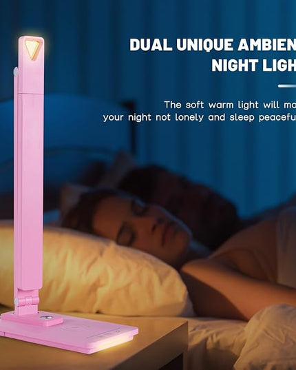 LED Desk Lamp Wireless Charger: Pink Office Table Lamps with USB Port, Reading Lamp for Home with Clock Alarm Temperature | Desk Light with Night Light, Eye-caring Smart Lamp for Dorm College - LeafyLoom