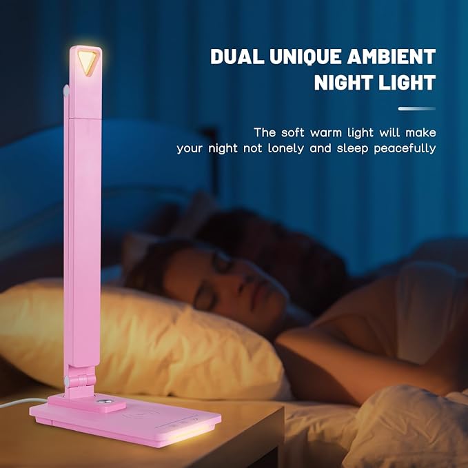 LED Desk Lamp Wireless Charger: Pink Office Table Lamps with USB Port, Reading Lamp for Home with Clock Alarm Temperature | Desk Light with Night Light, Eye-caring Smart Lamp for Dorm College - LeafyLoom