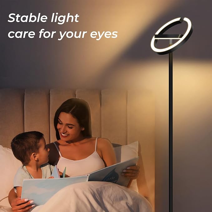 FIMEI Modern Floor Lamp, LED Bright Standing Lamp, Unique Rotatable Ring Design, Eye-Protecting Stepless Dimming, 3000K-6000K Color Temperatures, Touch/Remote Control, for Living Room Bedroom Office - LeafyLoom