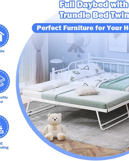 Full Daybed with Trundle Bed Twin, Metal Day Bed Frame with Pop Up Trundle, Metal Sofa Bed with Portable Folding Trundle for Bedroom, Living Room, Guest Room, Home, No Box Spring Needed, White - LeafyLoom