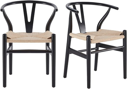 Farini Wishbone Chairs for Dining Room Solid Wood Rattan Chair Armchairs Y Shaped Backrest Hemp Seat for Home Restaurant Fully-Assembled(Set of 2,Black-Beige Seat) - LeafyLoom