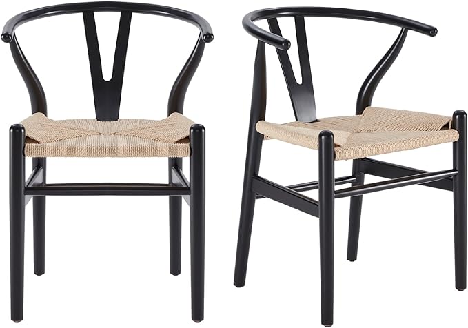 Farini Wishbone Chairs for Dining Room Solid Wood Rattan Chair Armchairs Y Shaped Backrest Hemp Seat for Home Restaurant Fully-Assembled(Set of 2,Black-Beige Seat) - LeafyLoom