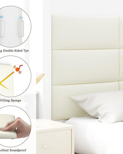 Twin Full Headboard, Wall Mounted Peel and Stick Headboard, Upholstered Leather Bed Headboard for Twin Size Bed, Floating Dorm Bedroom Tall Headboard Soundproof Wall Panels (6 Panels, 10"x24") - LeafyLoom