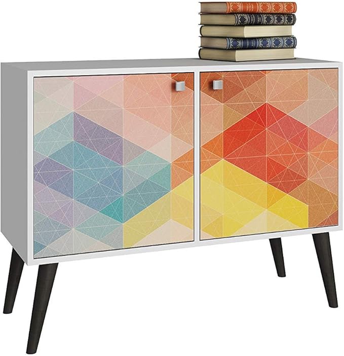 Manhattan Comfort Avesta 2.0 Double Sideboard Table with Storage Cabinet for Living Room, Bedroom and Office, TV Console for 32" Screen, Features 2 Doors and 3 Shelves, White/Stamp/Grey - LeafyLoom