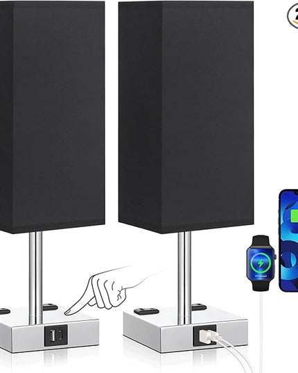 aooshine Black Set of 2 Touch Lamp with USB Port-Nightstand Lamp with USB-C+A Charge Ports& AC Outlets, 3-Way Dimmable Bedside Lamp with Shade,Small Table Lamp for Bedroom Living Room(Bulb Included) - LeafyLoom