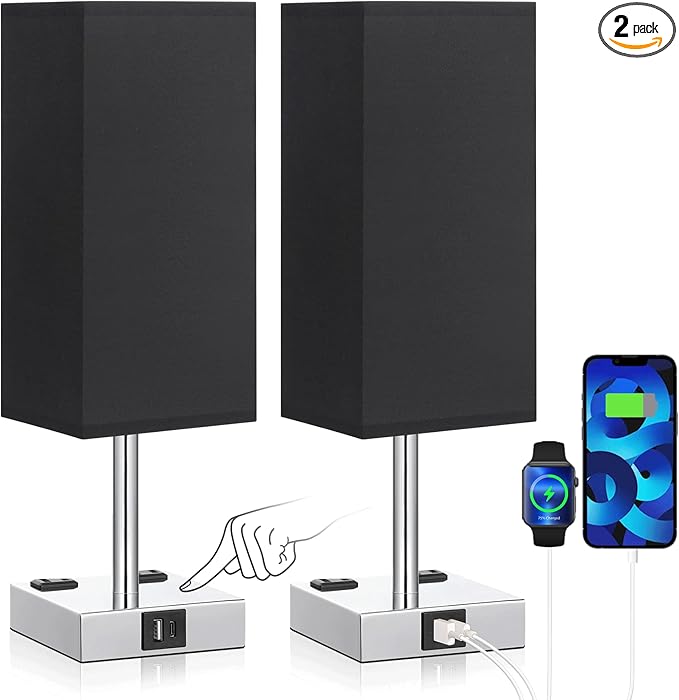 aooshine Black Set of 2 Touch Lamp with USB Port-Nightstand Lamp with USB-C+A Charge Ports& AC Outlets, 3-Way Dimmable Bedside Lamp with Shade,Small Table Lamp for Bedroom Living Room(Bulb Included) - LeafyLoom