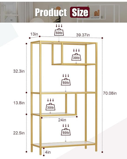 HOME BI Geometric Bookshelf, Tall Modern Etagere Bookcase, Industrial Metal Book Shelf with 5 Open Display Shelves for Office Living Room, Gold and White - LeafyLoom
