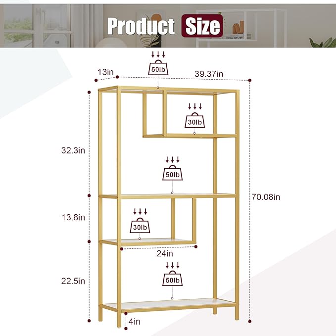 HOME BI Geometric Bookshelf, Tall Modern Etagere Bookcase, Industrial Metal Book Shelf with 5 Open Display Shelves for Office Living Room, Gold and White - LeafyLoom