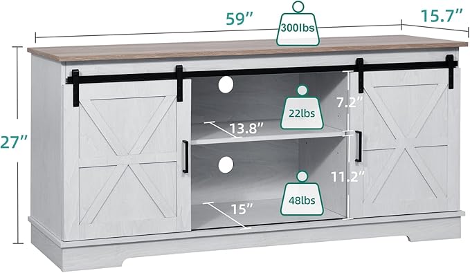 YITAHOME Farmhouse TV Stand for 65/60/55 Inch, Modern Entertainment Center with Sliding Barn Door, Wood TV Media Console Storage TV Cabinet for Living Room for 300lbs, Grey White & Grey Wash - LeafyLoom