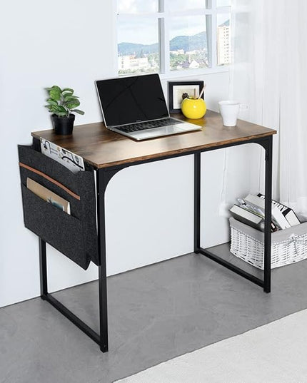 FurnitureR 31.5 inch Small Study Writing Table with Storage Bag Space Saving for Home Office, Modern PC Metal Frame Computer Desk, Black/Brown - LeafyLoom
