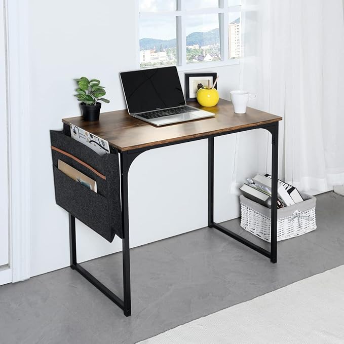 FurnitureR 31.5 inch Small Study Writing Table with Storage Bag Space Saving for Home Office, Modern PC Metal Frame Computer Desk, Black/Brown - LeafyLoom