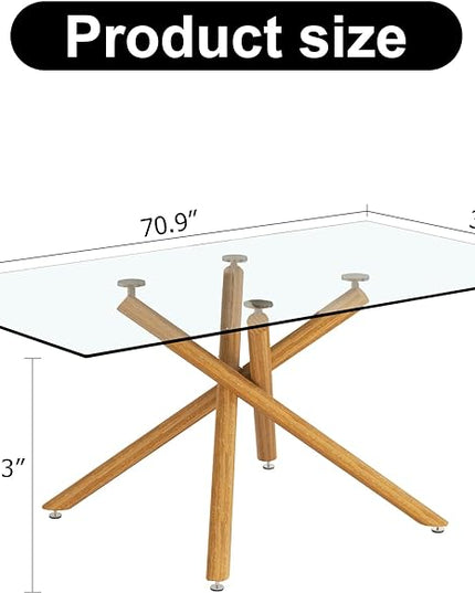 NicBex Large Modern Minimalist Rectangular Glass Dining Table for 6-8 with 0.39" Tempered Glass Tabletop and Wood Color Metal Legs, for Kitchen Dining Living Meeting Room Banquet Hall, Wood - LeafyLoom