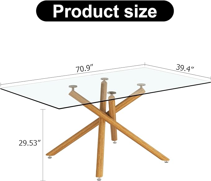 NicBex Large Modern Minimalist Rectangular Glass Dining Table for 6-8 with 0.39" Tempered Glass Tabletop and Wood Color Metal Legs, for Kitchen Dining Living Meeting Room Banquet Hall, Wood - LeafyLoom